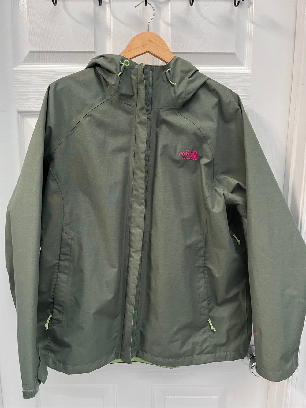 The North Face Olive Green Kids Hooded Rain Jacket with Pink Logo